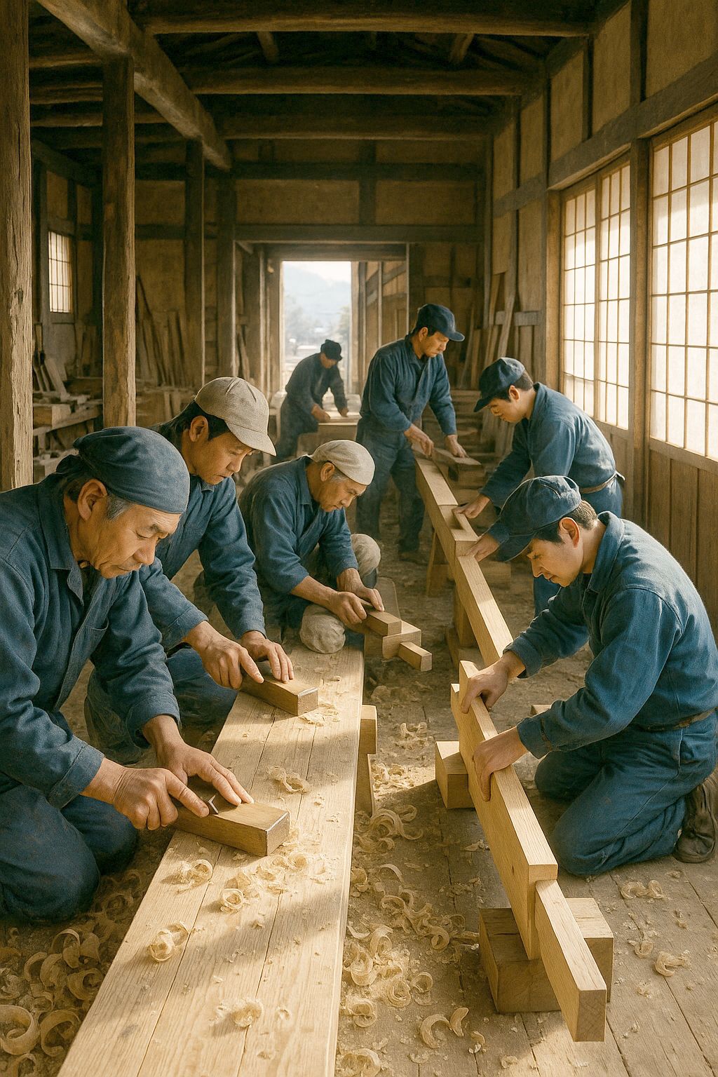 Carpenters in indigo workclothes working along a long bench in a timber-framed workshop — planing, chiselling and fitting a joint — shavings across the floor and daylight through the open end of the shop.