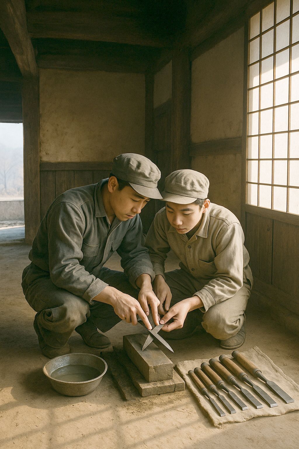 Two young apprentices crouched over a whetstone at the edge of a workshop, one showing the other the angle on a chisel, a water dish beside them and a row of chisels laid out on a cloth.