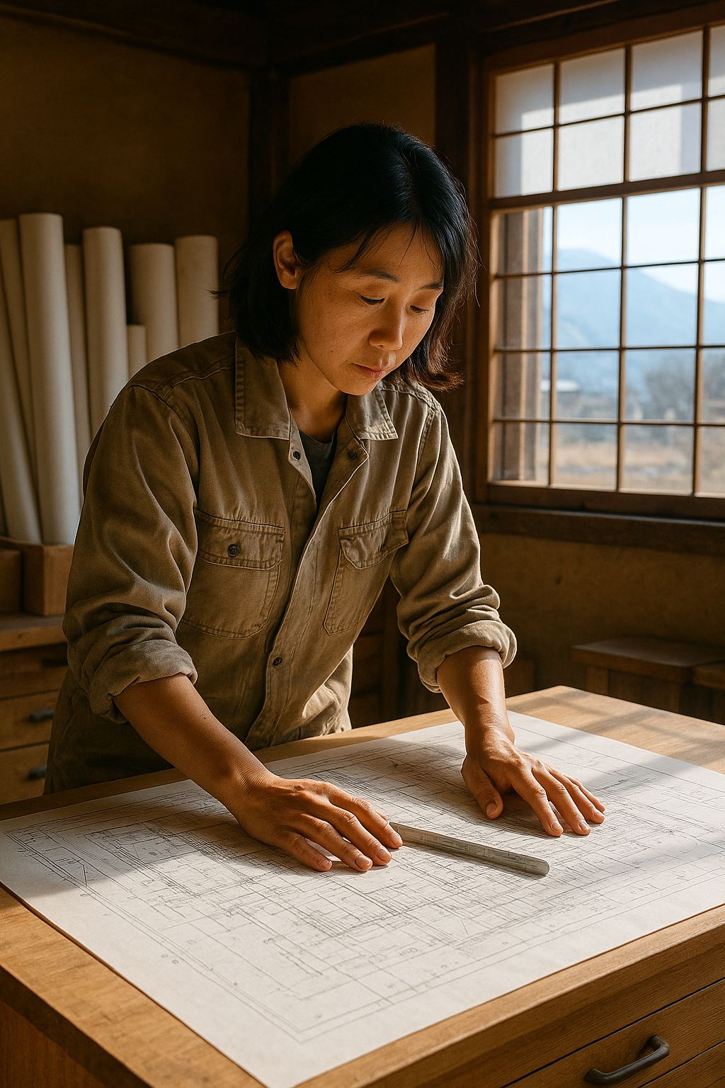 A carpenter in her thirties leaning over a large architectural drawing spread on a plan chest, one hand flat on the paper and a scale rule in the other, rolled drawings behind and cold mountain light at the window.