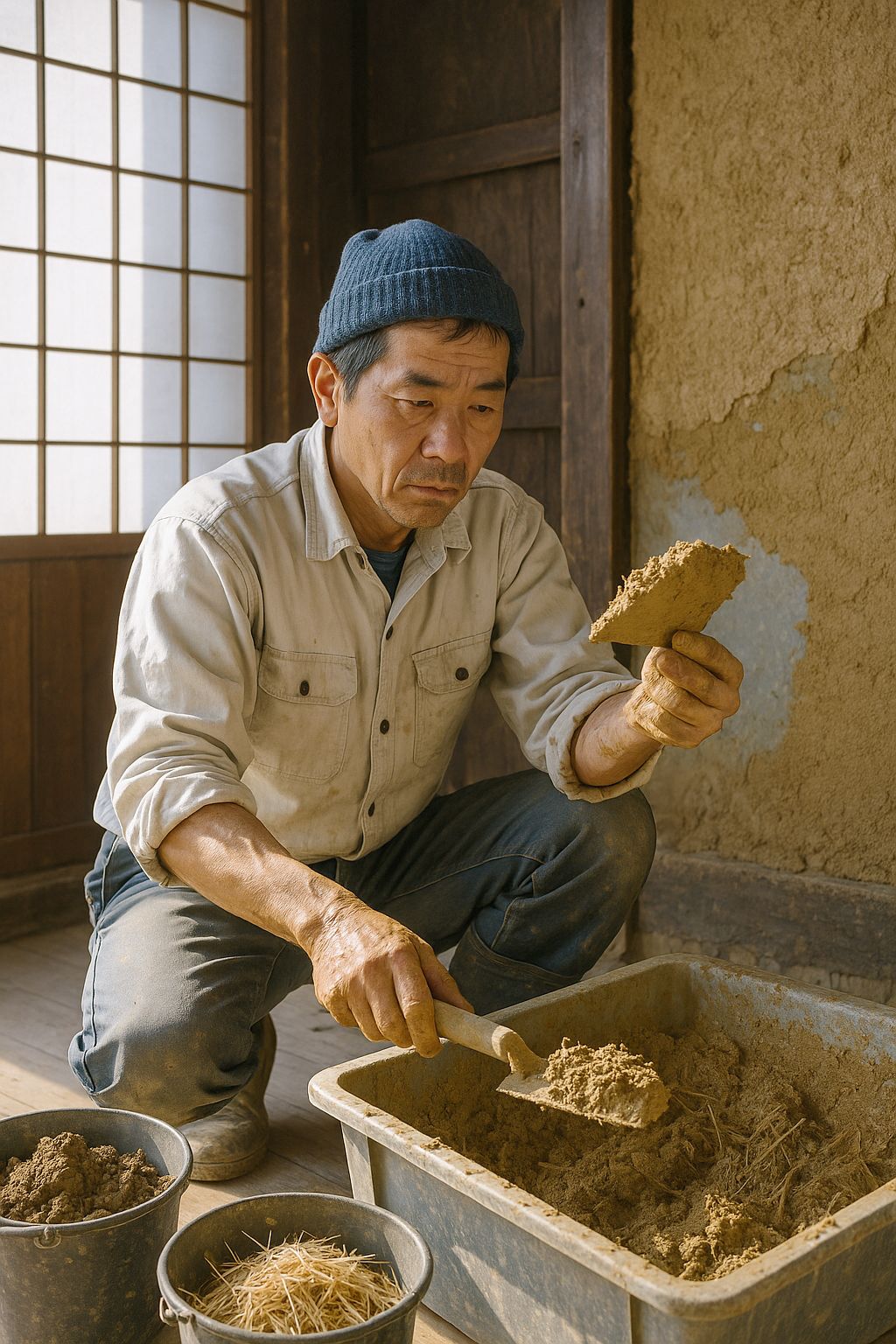 A plasterer in his fifties crouched beside a mortar tub, mixing earth plaster and straw by hand and holding up a trowel-load to judge it, buckets of dug earth beside him and a half-plastered wall behind.