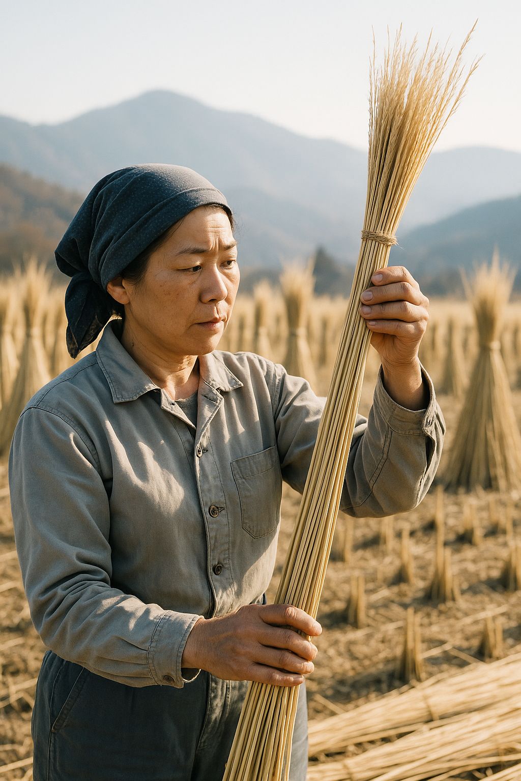A thatcher in her forties in a cloth headwrap standing in a cut field of miscanthus, holding one tied bundle up at chest height and looking along it to grade it, bundles standing in rows behind her.
