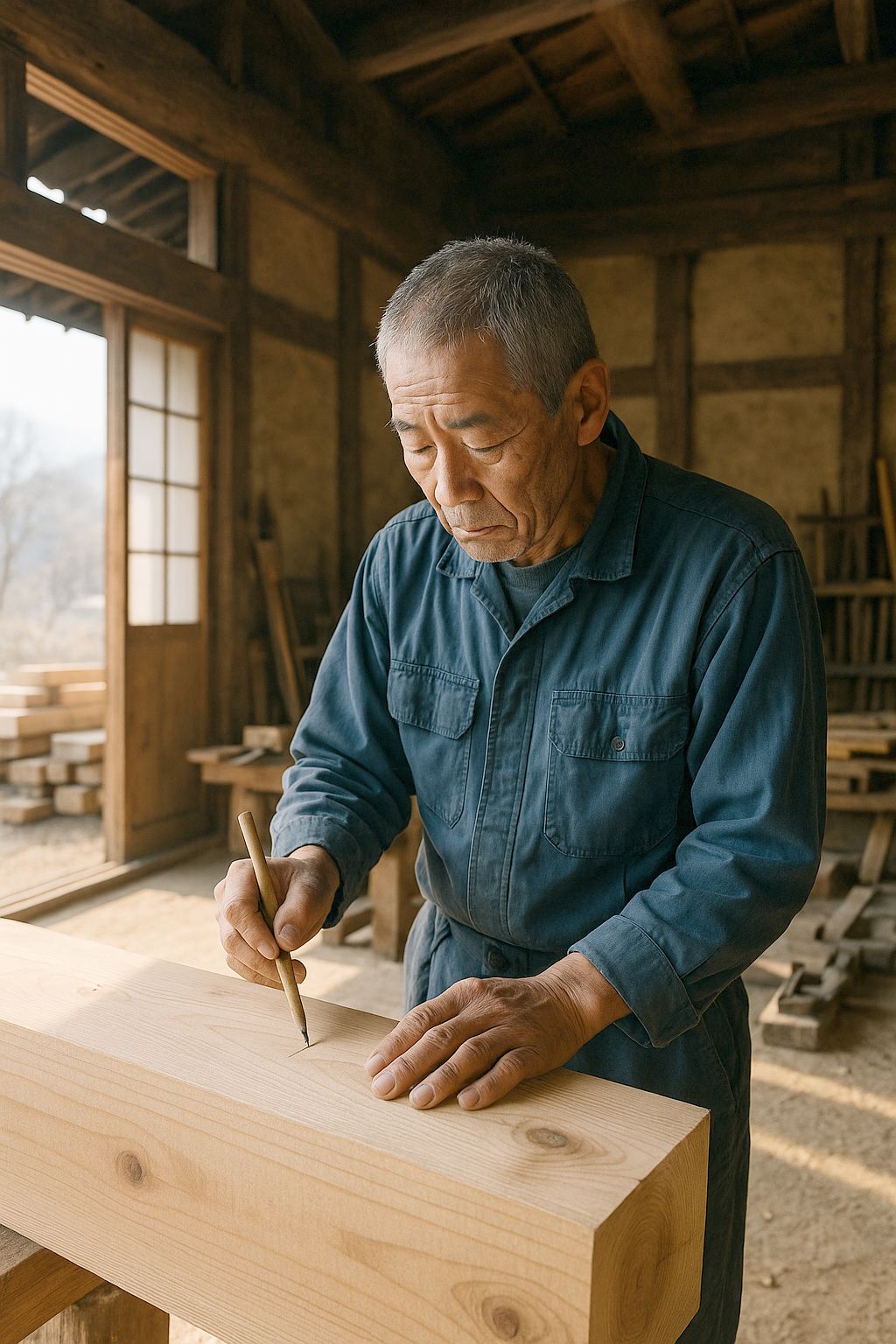 A master carpenter in his sixties in indigo workclothes, marking a squared cedar timber with a bamboo pen in a timber-framed workshop, absorbed in the mark, daylight from an open doorway behind him.