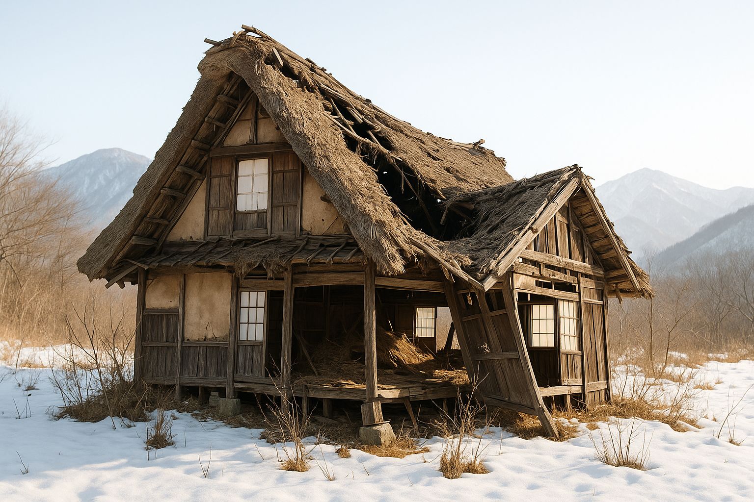 A thatched farmhouse past saving on a clear winter morning: the ridge broken, the roof folded inward along its length, thatch fallen into the interior, one gable wall leaning out and a corner post off its stone.