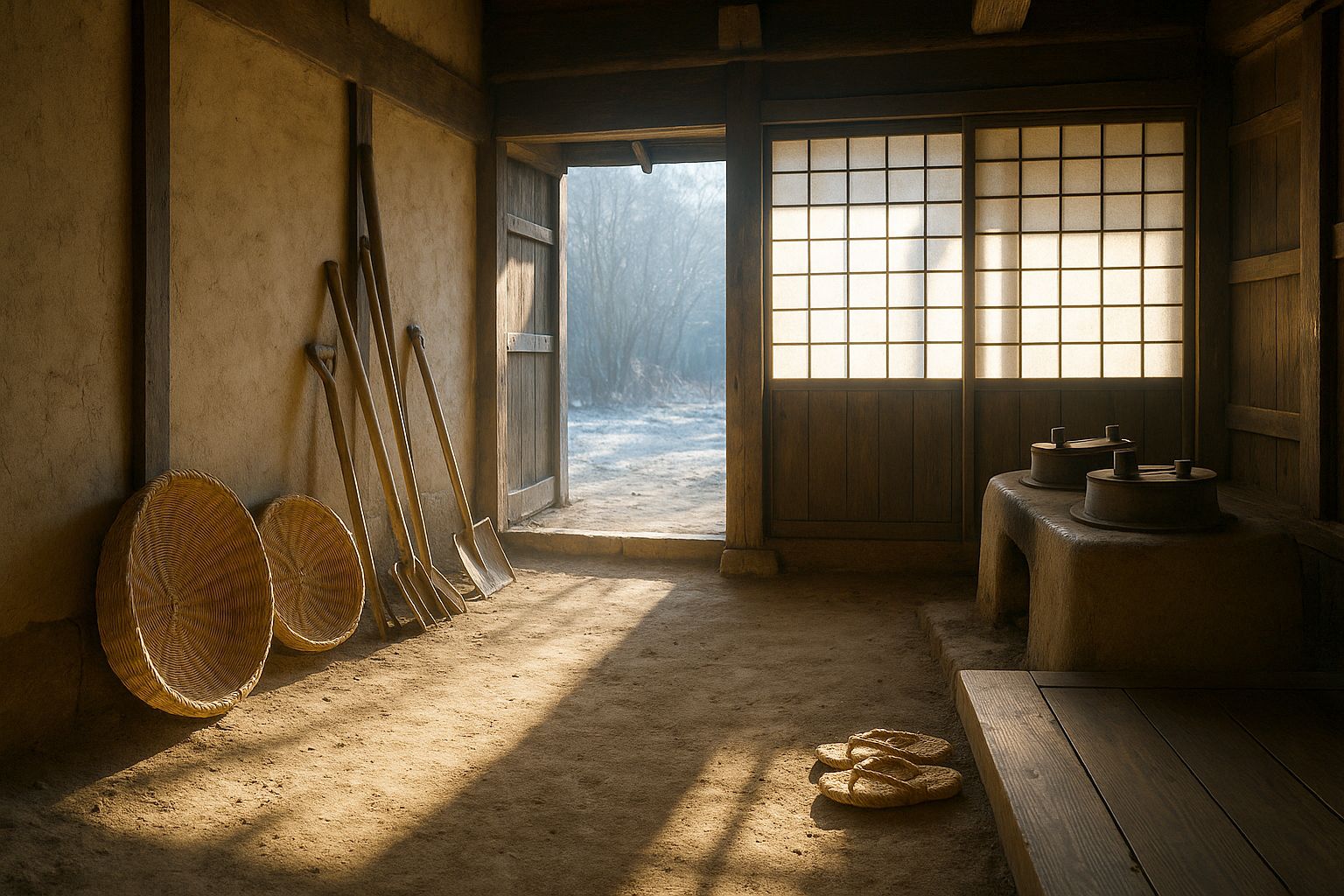 The earth-floored working entrance of a farmhouse: packed dark earth, straw baskets and hand tools against a plaster wall, a clay stove, and the raised wooden floor edge at the right.