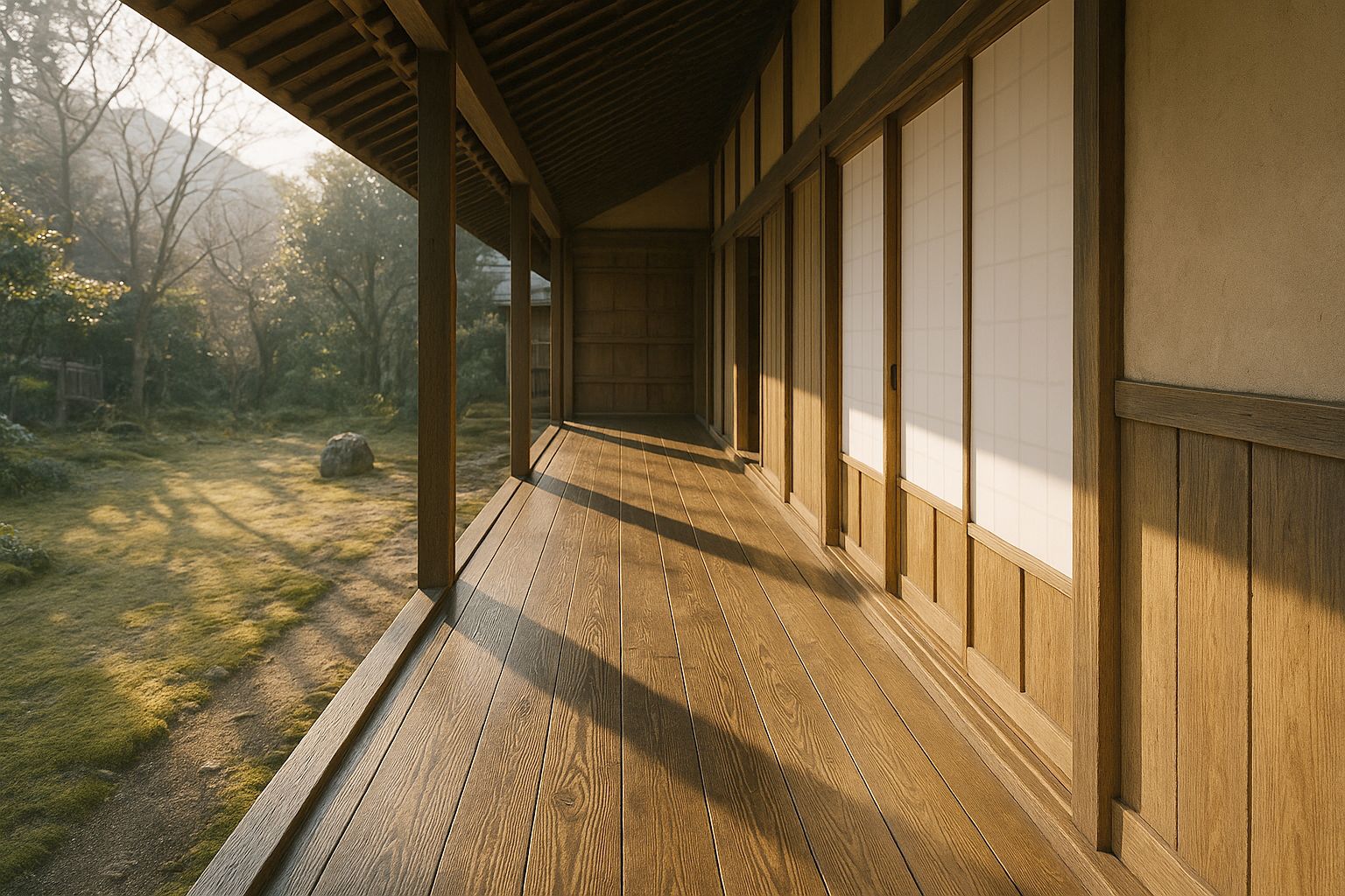 The veranda of a house seen along its length: a strip of dark polished boards outside the paper screens, storm shutters slid back, mossy garden beyond, low sun raking the boards.