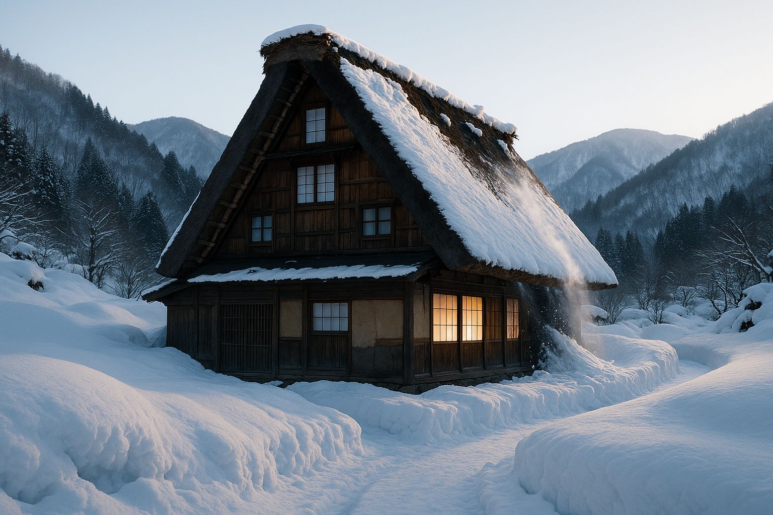 A gasshō-zukuri farmhouse in deep snow: an enormous steeply pitched thatched gable roof at about sixty degrees, three storeys tall, with small windows in the triangular gable end.