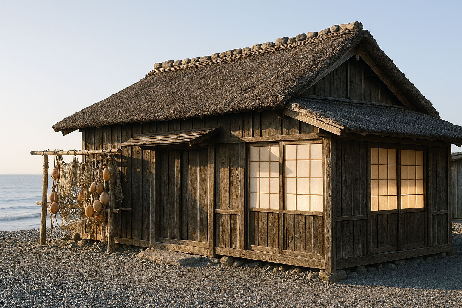 A fisherman's house on a cold Japanese coast: a low building clad in charred black cedar boards, low-pitched thatched roof weighted along the ridge with rows of grey stones, nets and floats on a rack outside.