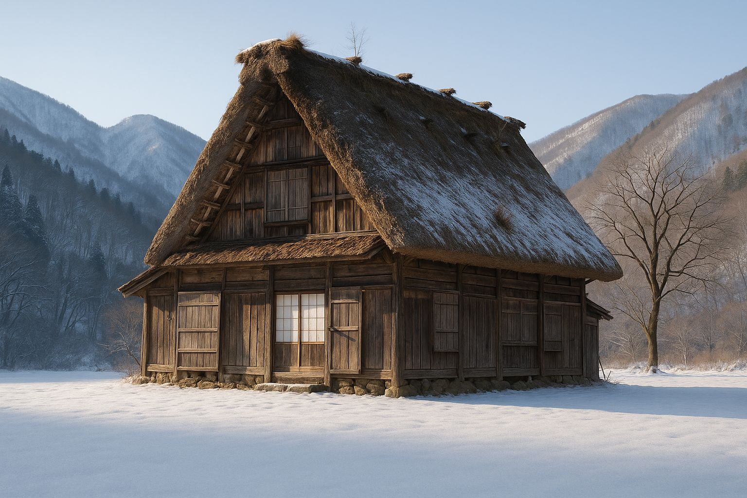 A thatched farmhouse standing empty in a snowbound mountain valley on a clear winter morning. No smoke at the ridge, storm shutters closed and one hanging loose, grass rooted in the slumped thatch, and snow lying unbroken to the door — but the frame still square and sound.