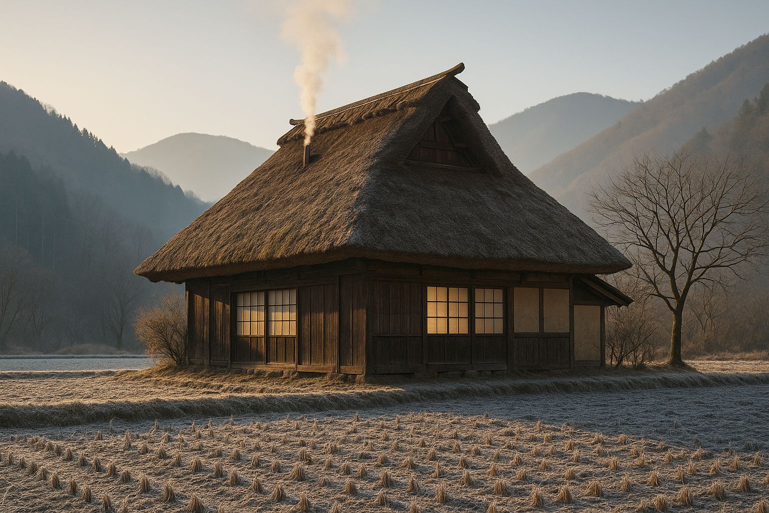 A thatched farmhouse at first light across a frosted field, one straight column of woodsmoke standing off the ridge into cold blue air, mountains behind.