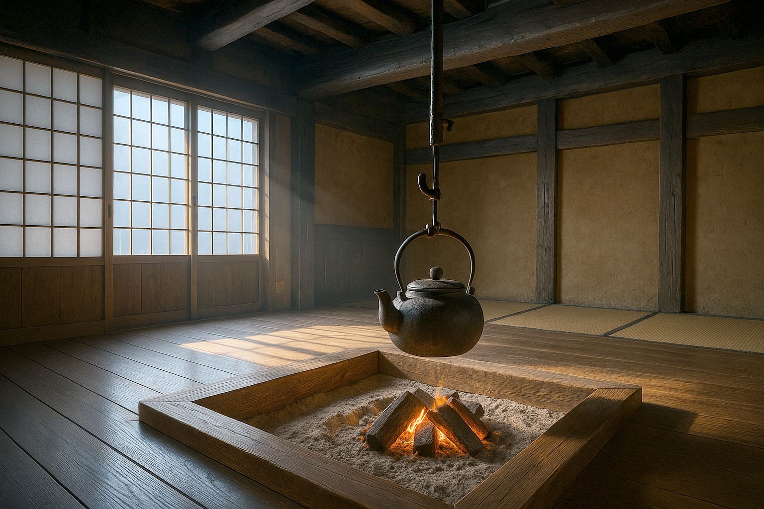 A sunken square hearth set into a dark wooden floor, edged with a timber curb, charcoal glowing in a bed of ash, with a heavy iron kettle hanging above it from an adjustable hook.