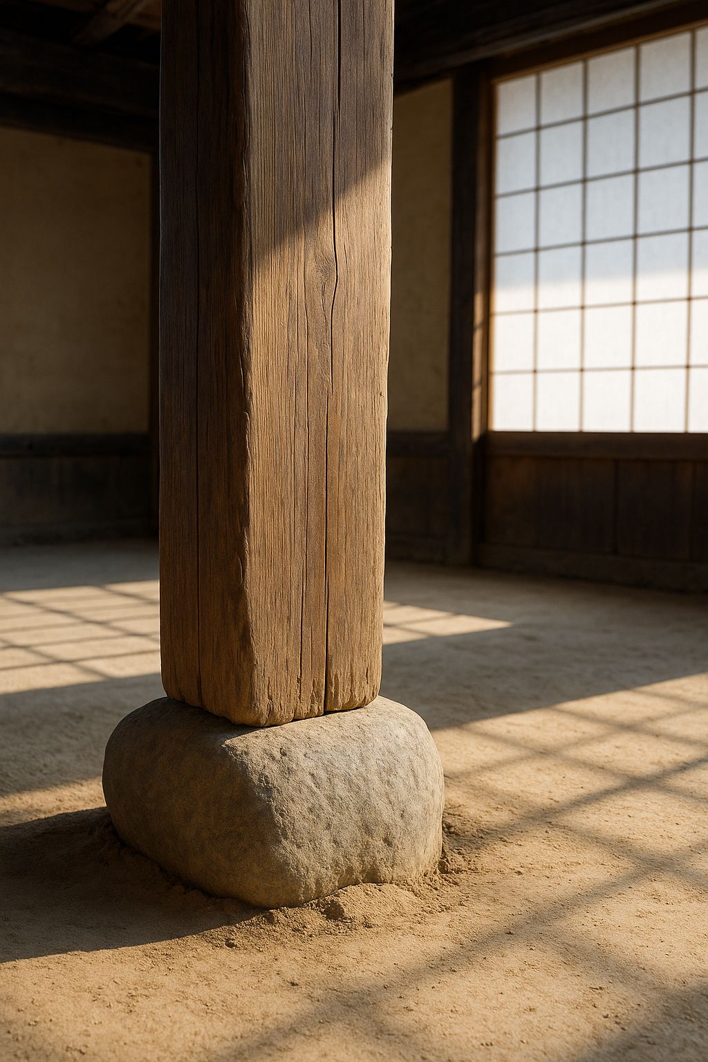 The base of a large squared timber post standing directly on a rounded natural foundation stone, its foot cut to fit the stone's irregular curve exactly, not fastened to it.
