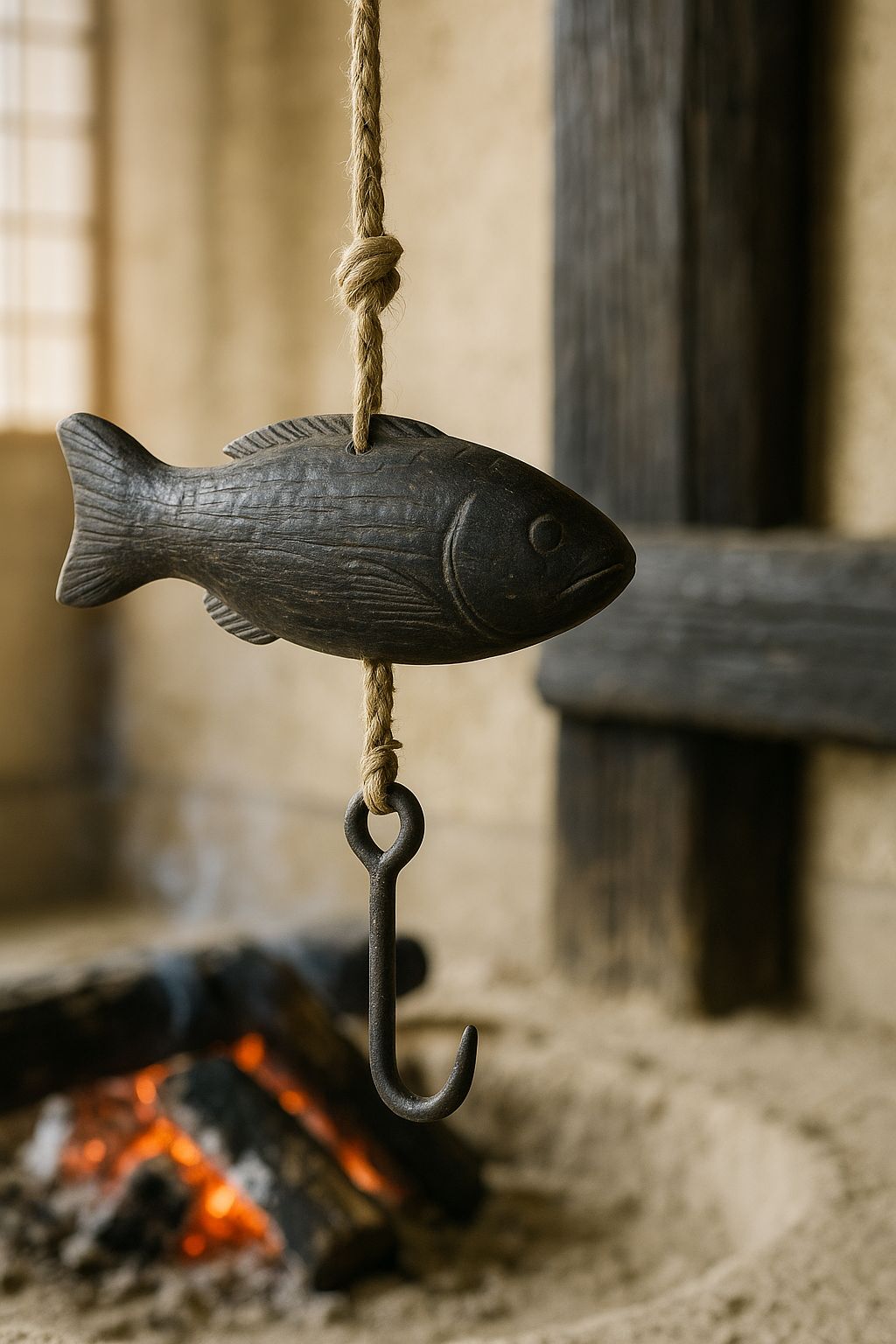 An adjustable pot hook over a hearth: a carved wooden fish counterweight blackened by smoke, hanging on a hemp cord with an iron hook below it.