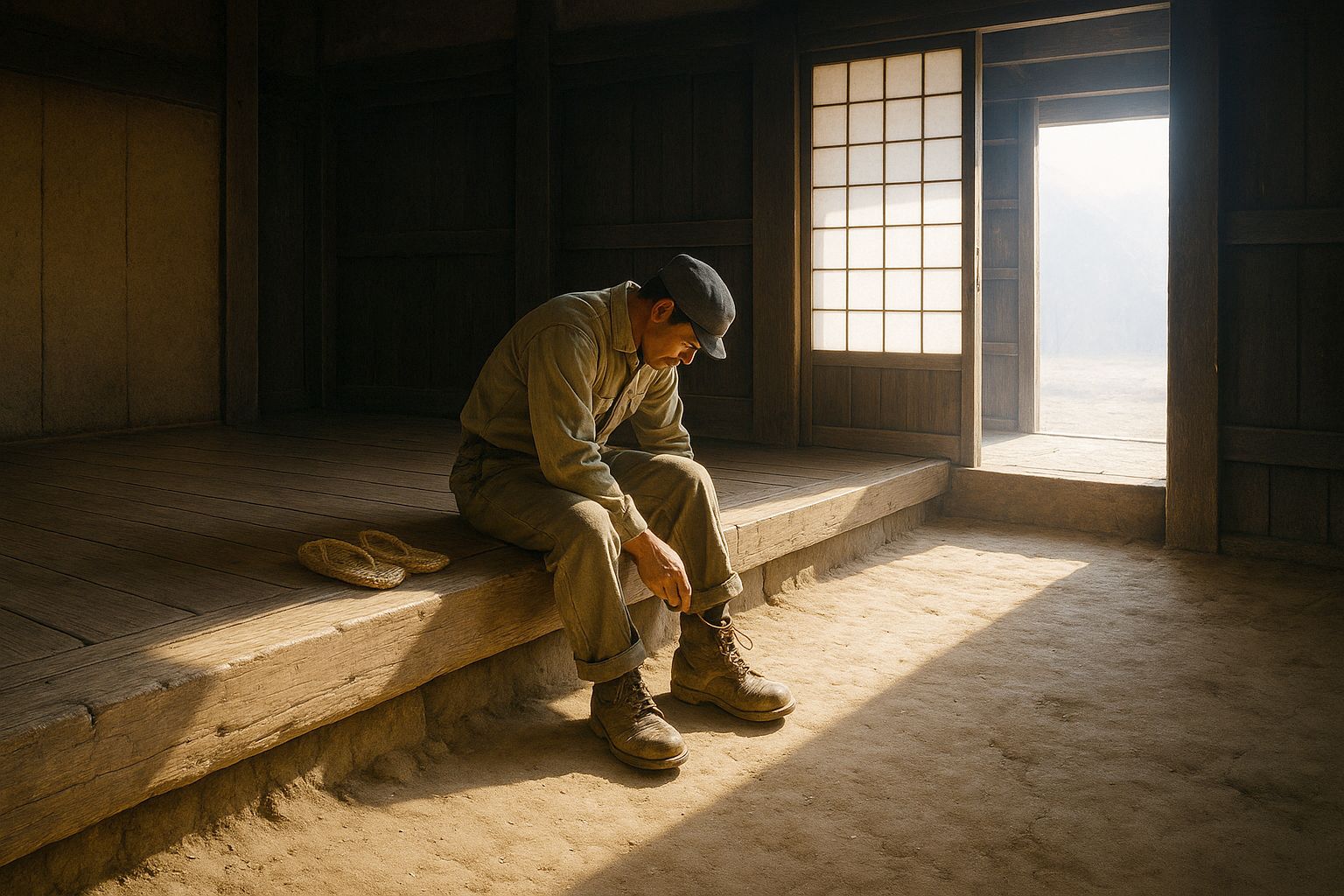 The heavy timber beam where a farmhouse's earth floor ends and the raised boards begin, its top worn pale. A visitor sits on it with his feet still on the earth, unlacing a boot; straw sandals wait on the boards behind him, and low sun comes in through the open doorway.