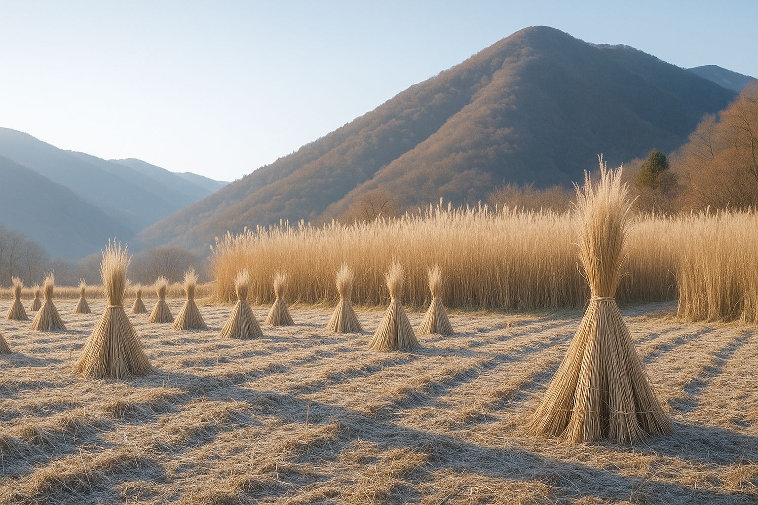 A cut grassland of tall miscanthus thatching reed on a mountain slope in late autumn, pale golden stems standing in tied bundles in rows across the field.