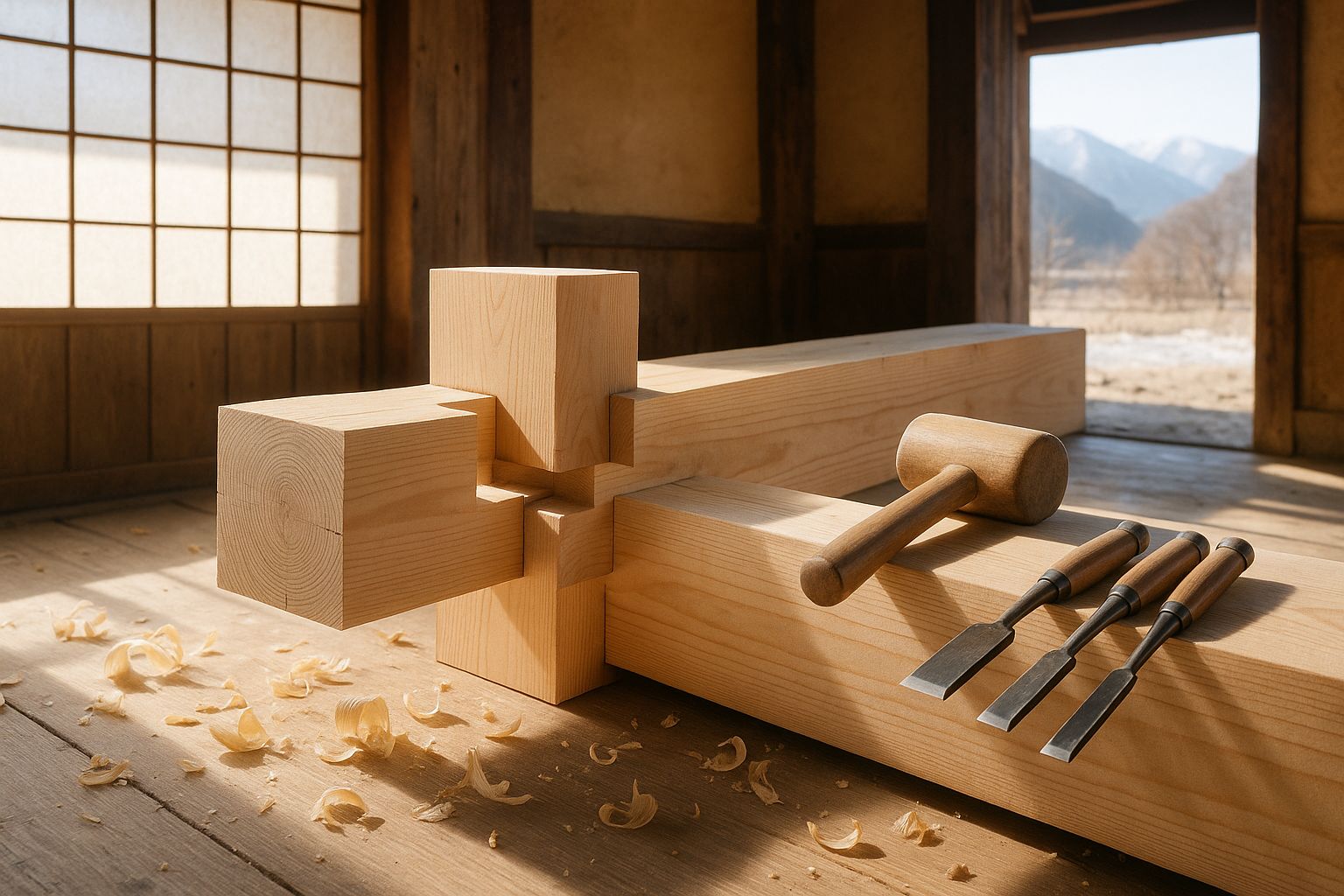 Two large squared cedar timbers with an intricate interlocking joint halfway home, a wooden mallet and chisels beside them.