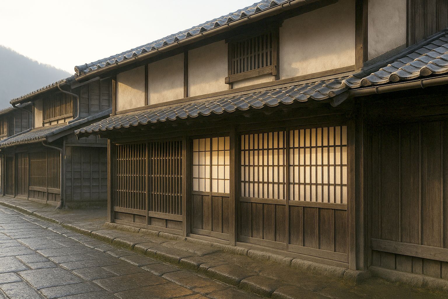 A traditional merchant townhouse street front: narrow frontage of dark cedar vertical lattice, deep overhanging eaves with grey ceramic tiles, a low second storey with slatted windows, wet stone street in early morning.