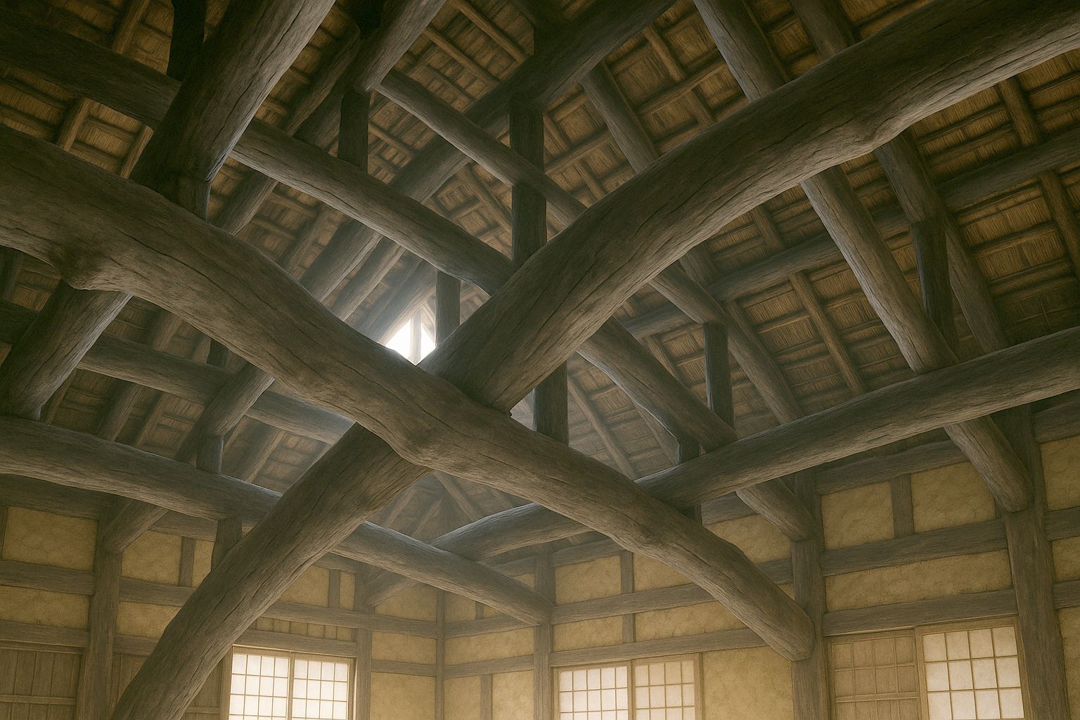Looking up into a roof frame: enormous naturally curved pine beams left in the shape the tree grew, crossing overhead, joined without nails and blackened by hearth smoke.