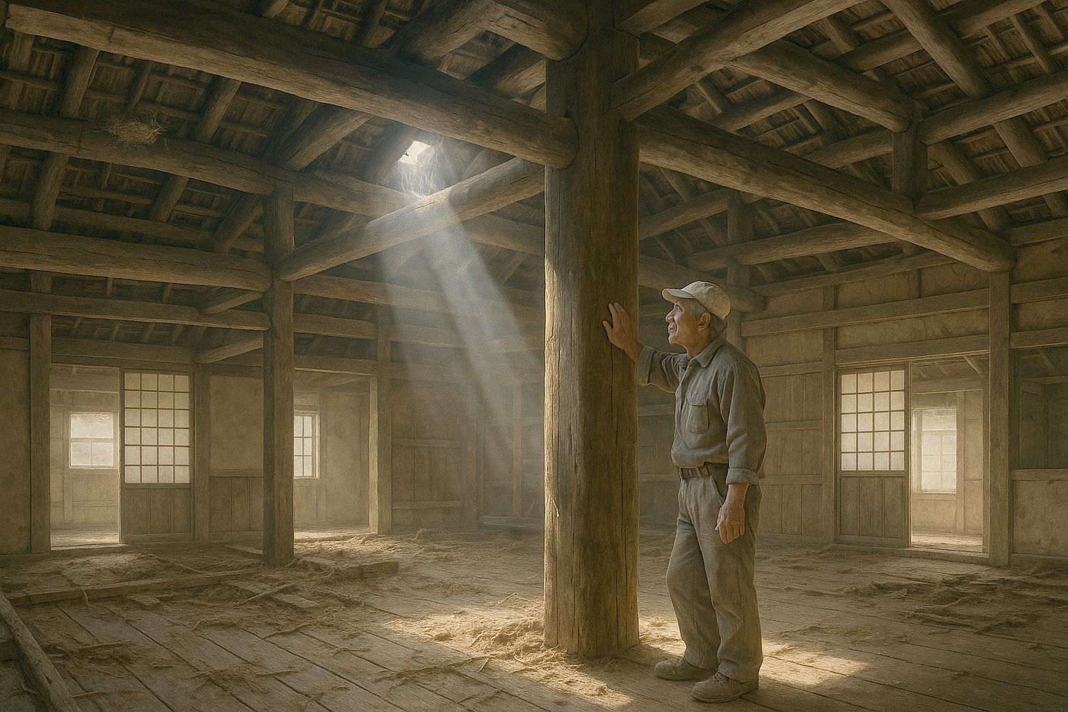 A master carpenter in working clothes stands in an empty long-abandoned farmhouse with one flat hand against the great central pillar, head tilted, reading the timber. Daylight falls through a hole in the roof; fallen thatch and dust lie across the floorboards, and the massive frame overhead is intact.
