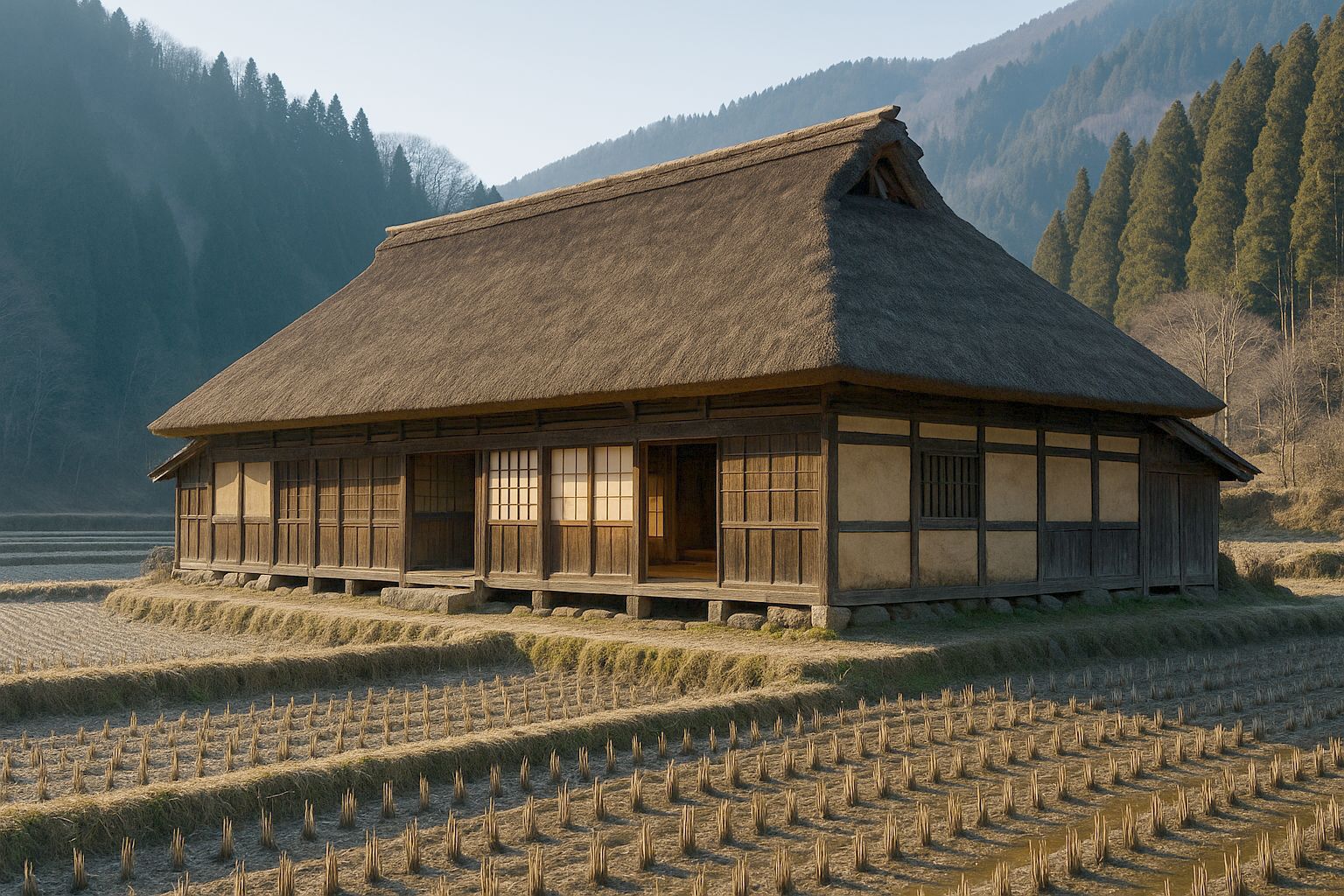 A traditional farmhouse in a Hida valley: a long low building under a very deep hipped-gable thatched roof, pale earth-plaster walls with dark timber posts, terraced rice fields in front and cedar-forested mountains behind.