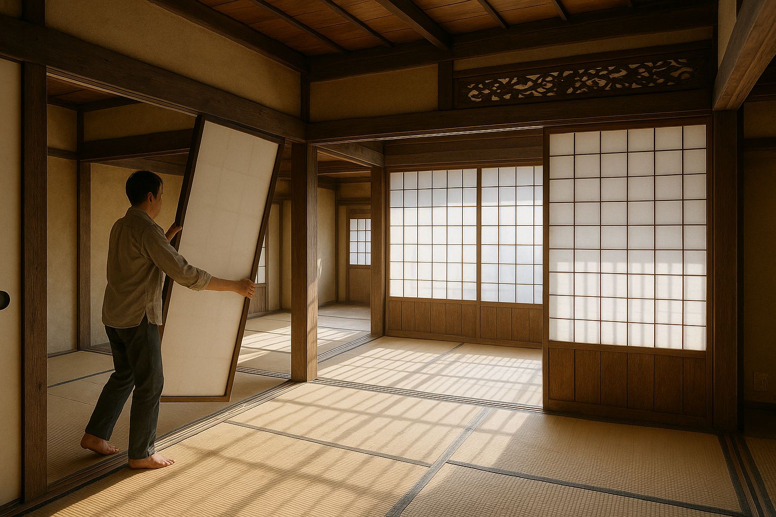 A man lifting a papered fusuma panel up out of its floor groove and carrying it aside, opening two matted rooms into one hall. Behind him a wall of shoji glows with morning sun and throws its lattice grid across the tatami; a carved openwork transom runs above.