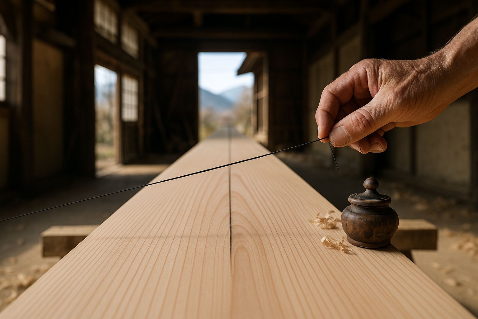 Close along the length of a freshly planed cedar timber on trestles: an inked cord stretched dead straight just above the surface, a carpenter's hand lifting it clear at the near end, the carved wooden ink pot resting on the timber beside it.