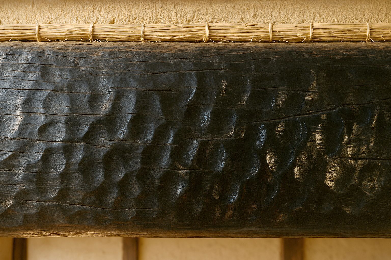 Extreme close detail of two hundred years of hearth soot lacquered onto a massive zelkova beam, the adze-cut scallops still legible beneath, raking daylight across the surface.