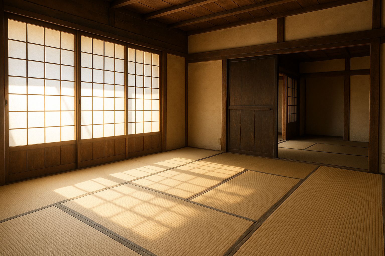 A tatami-matted room in the morning, paper screens glowing with low sun and casting their lattice across the mats, a timber-framed panel half open to a further room.