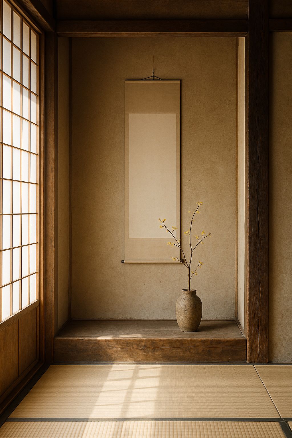 A tokonoma alcove: a raised recessed bay with a dark timber post at one side, a plain hanging scroll at the back, and a single seasonal branch in a rough ceramic vessel.
