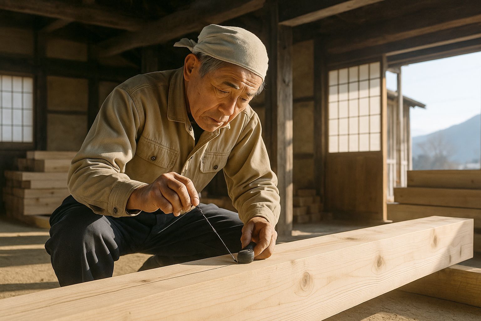 A master carpenter in his sixties crouched over a squared timber, snapping a straight ink line onto the wood with a traditional ink pot and cord, his face lit by daylight from a large open doorway.