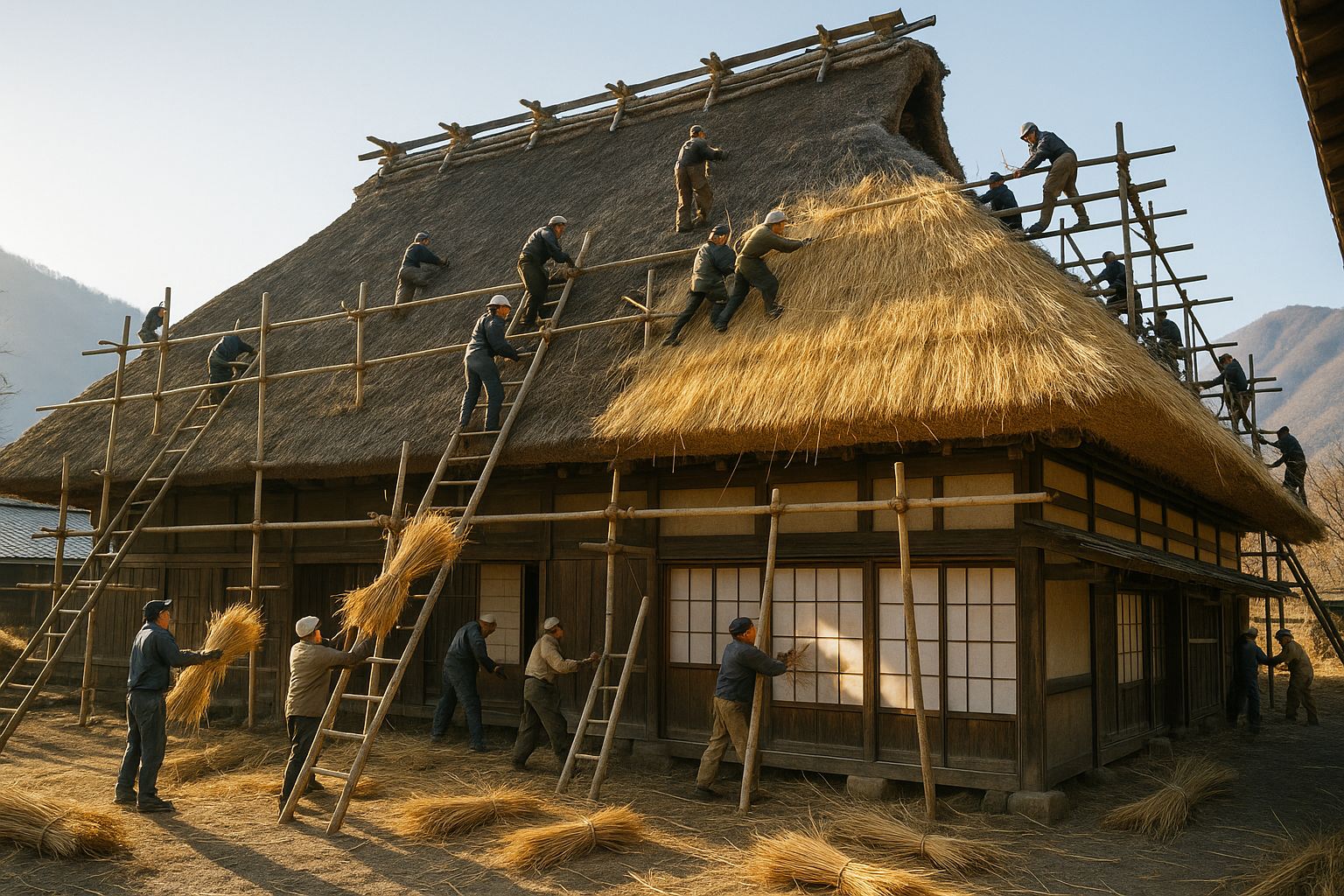 About twenty villagers on the steep thatched roof of a farmhouse, passing up bundles of golden miscanthus and combing the new thatch flush, old grey thatch stripped from one half.