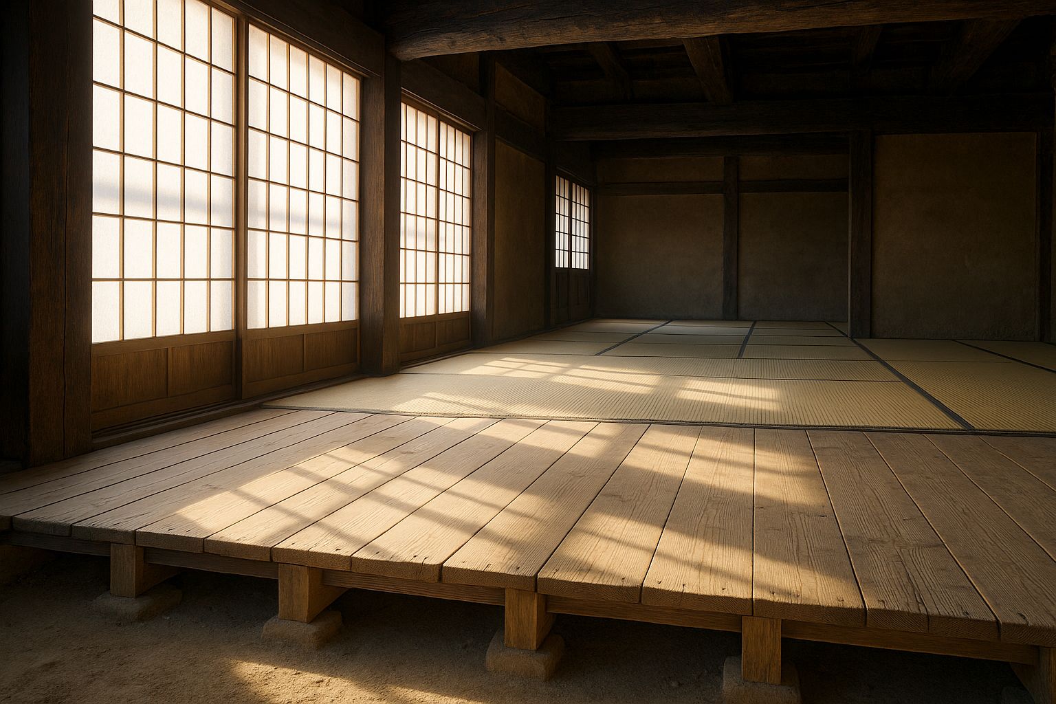 The raised floor seen the length of the house from the earth-floor end: broad scrubbed boards on joists lifted clear of the ground in the foreground, giving way to pale tatami deeper in, with morning sun through paper screens laid in bands across both.